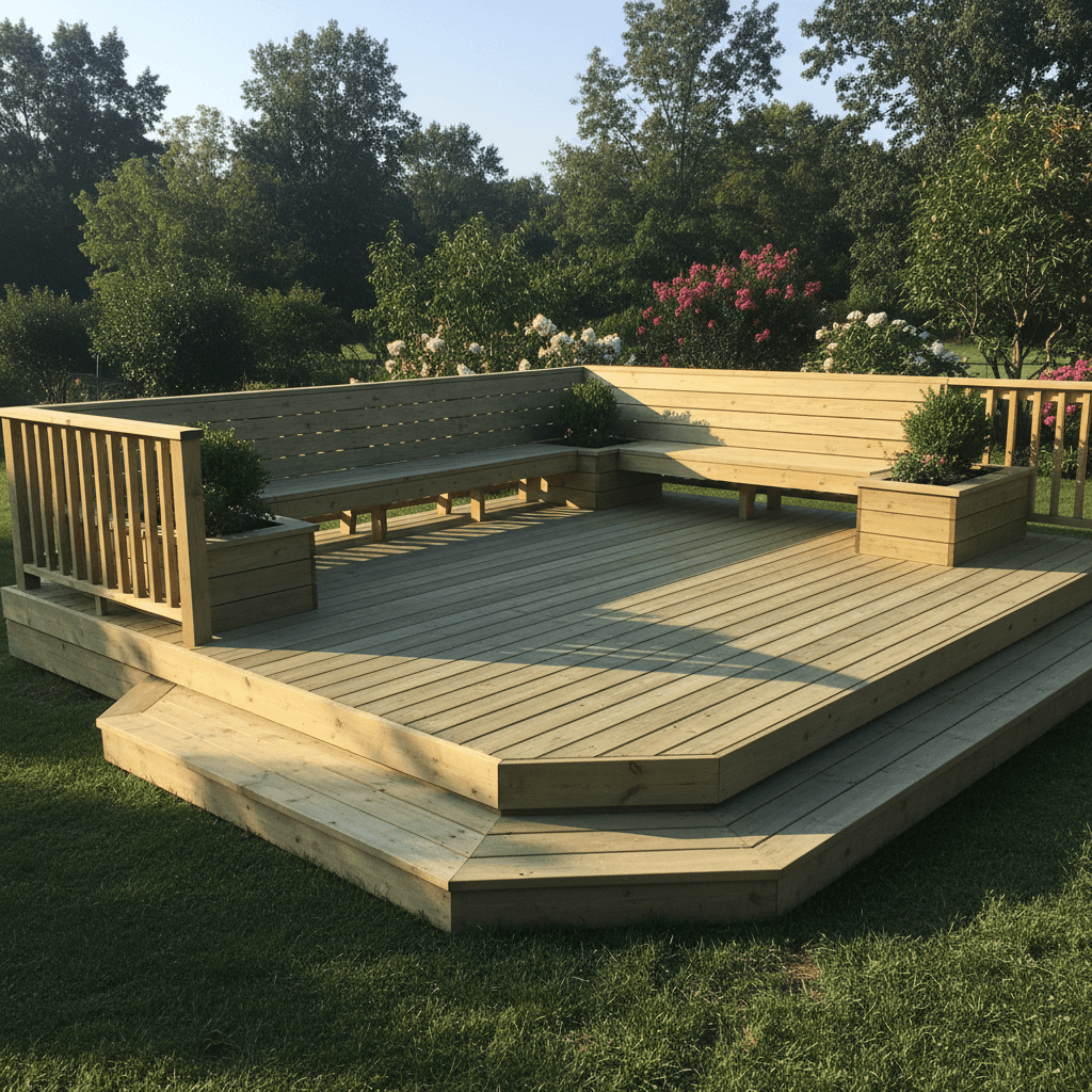 Wooden deck with integrated seating and steps
