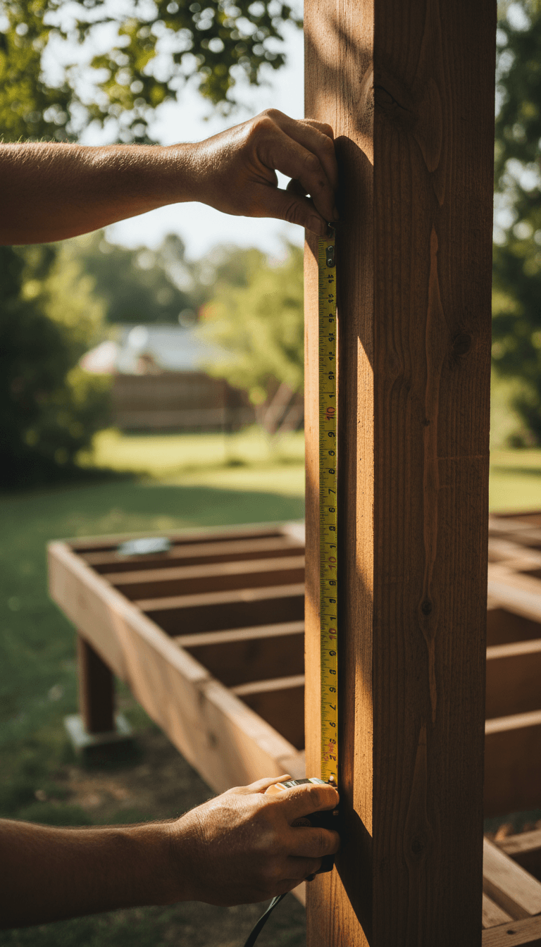 Builder measuring lumber for a custom deck in a backyard in Hiram