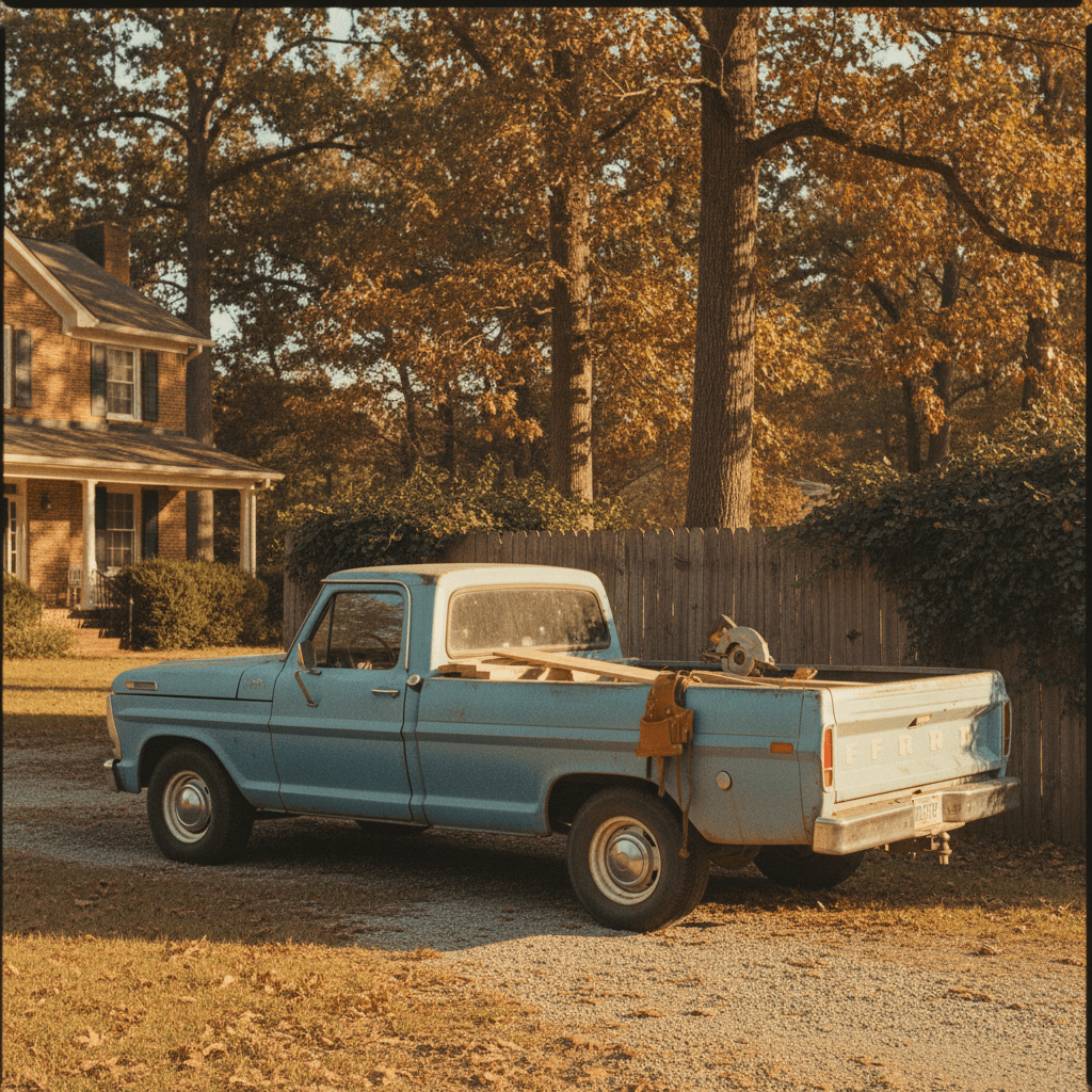Contractor pickup truck with lumber in a Hiram driveway