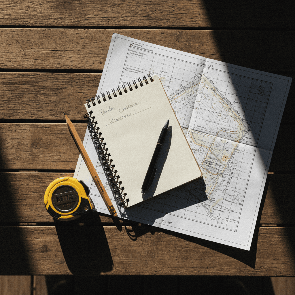 Notebook and site map on a wooden deck table