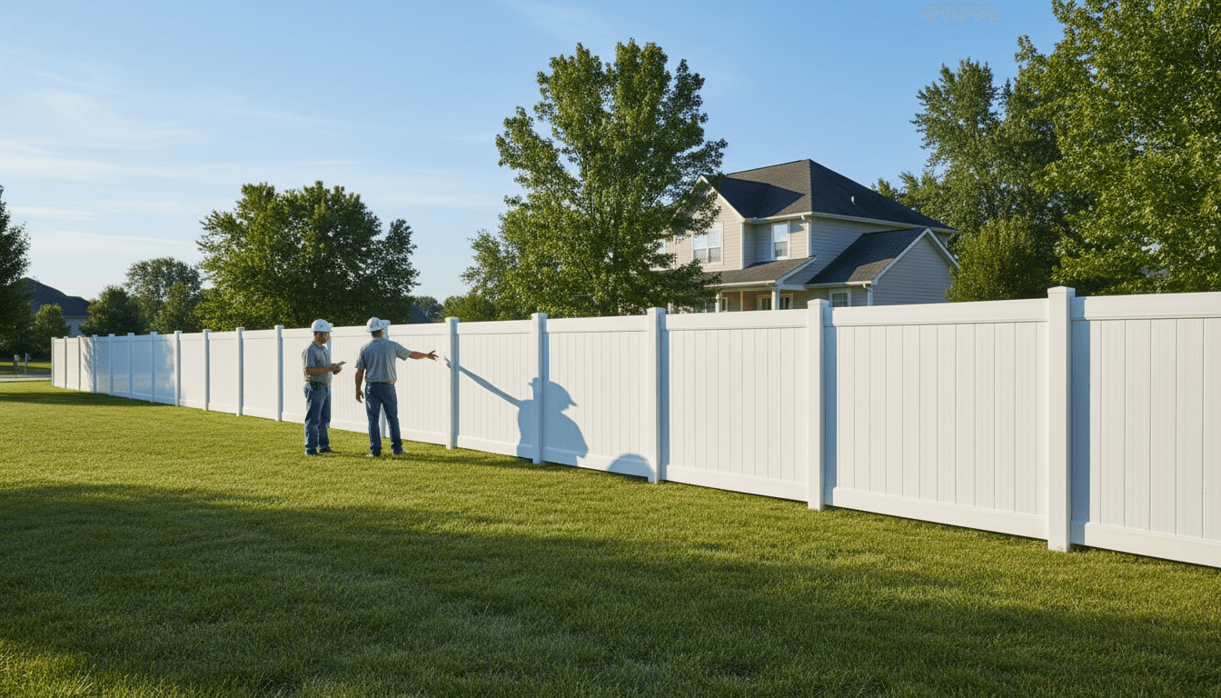 Completed vinyl and wood fence in residential backyard