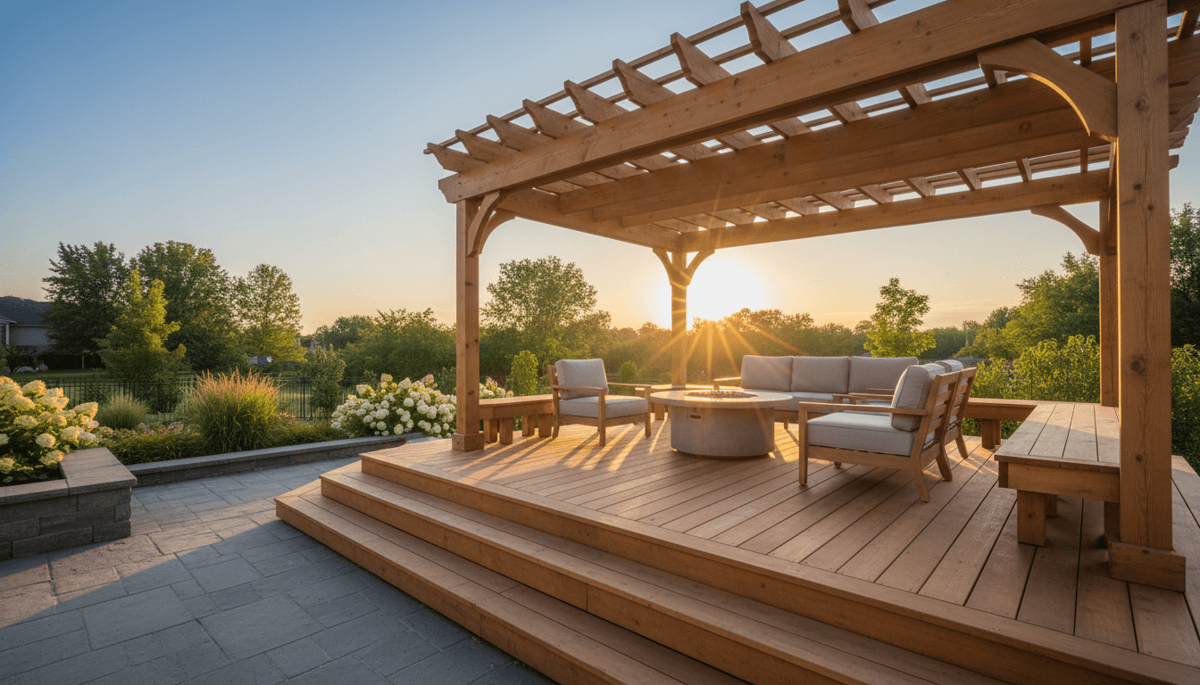 Custom built wooden deck on residential home with outdoor seating area
