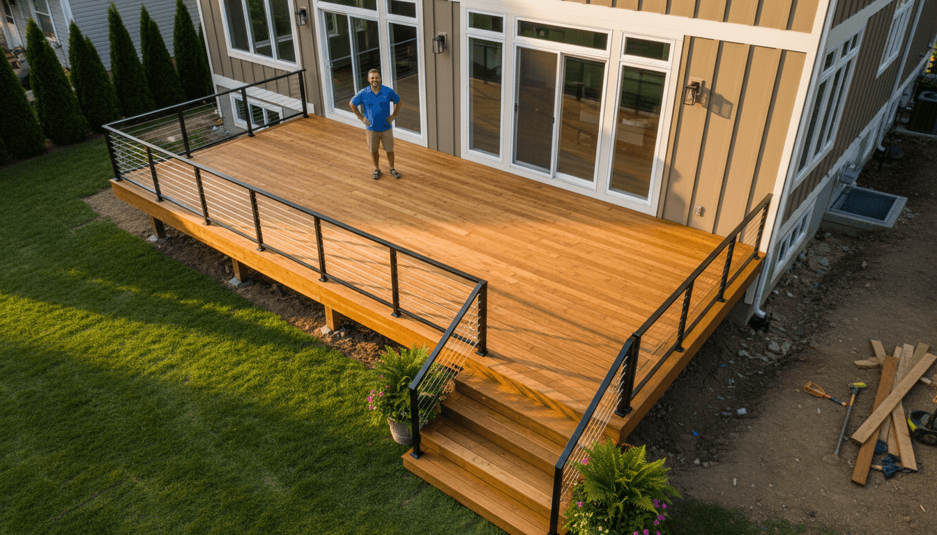 Completed residential deck project with stairs and professional finishing