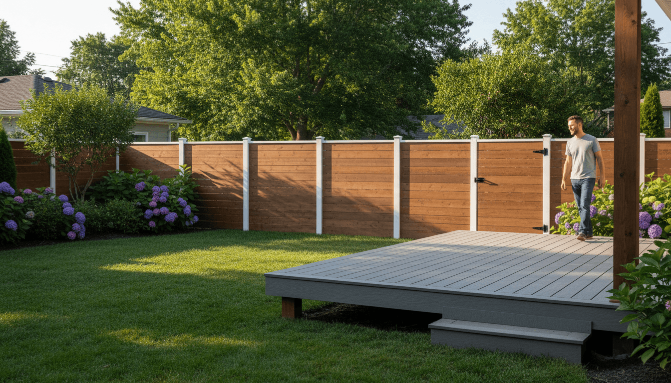 Homeowner enjoying completed custom deck and fence in Hiram backyard