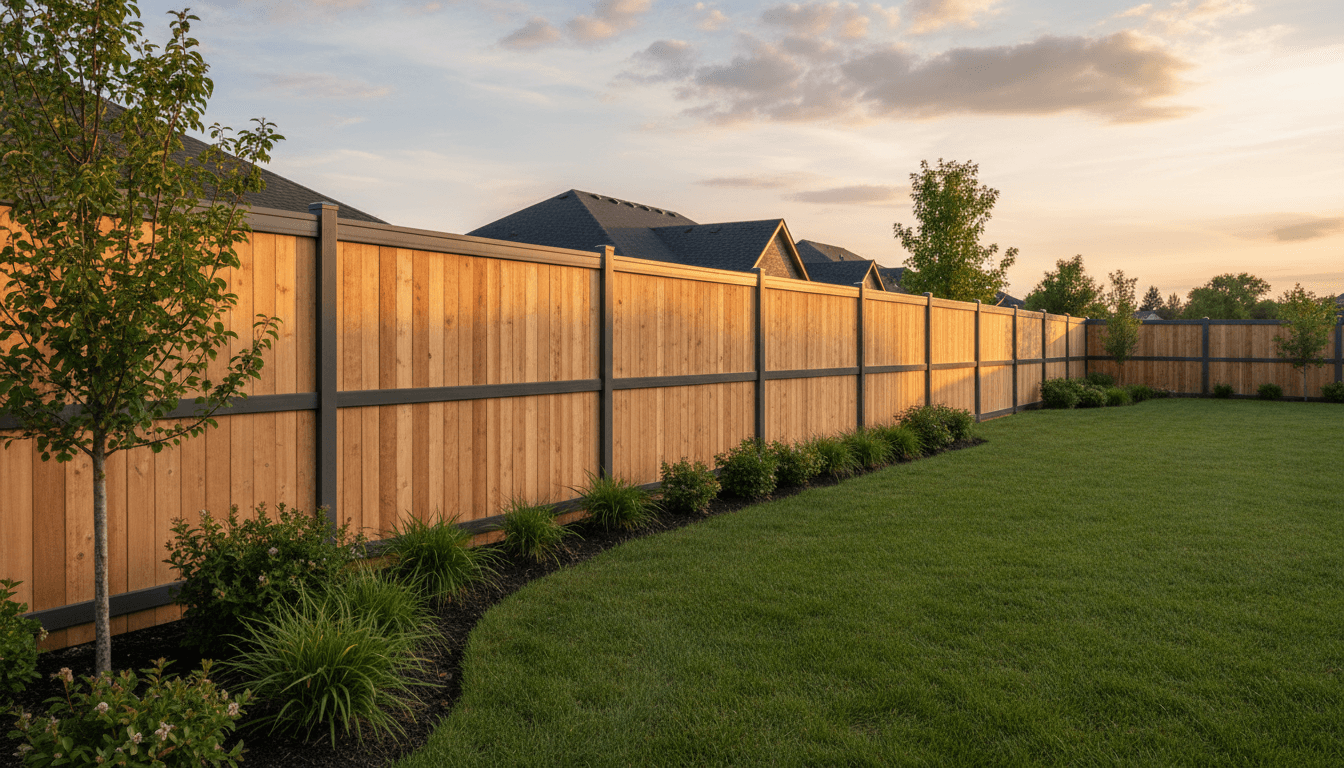 Completed residential fence installation spanning across manicured suburban backyard with mixed materials