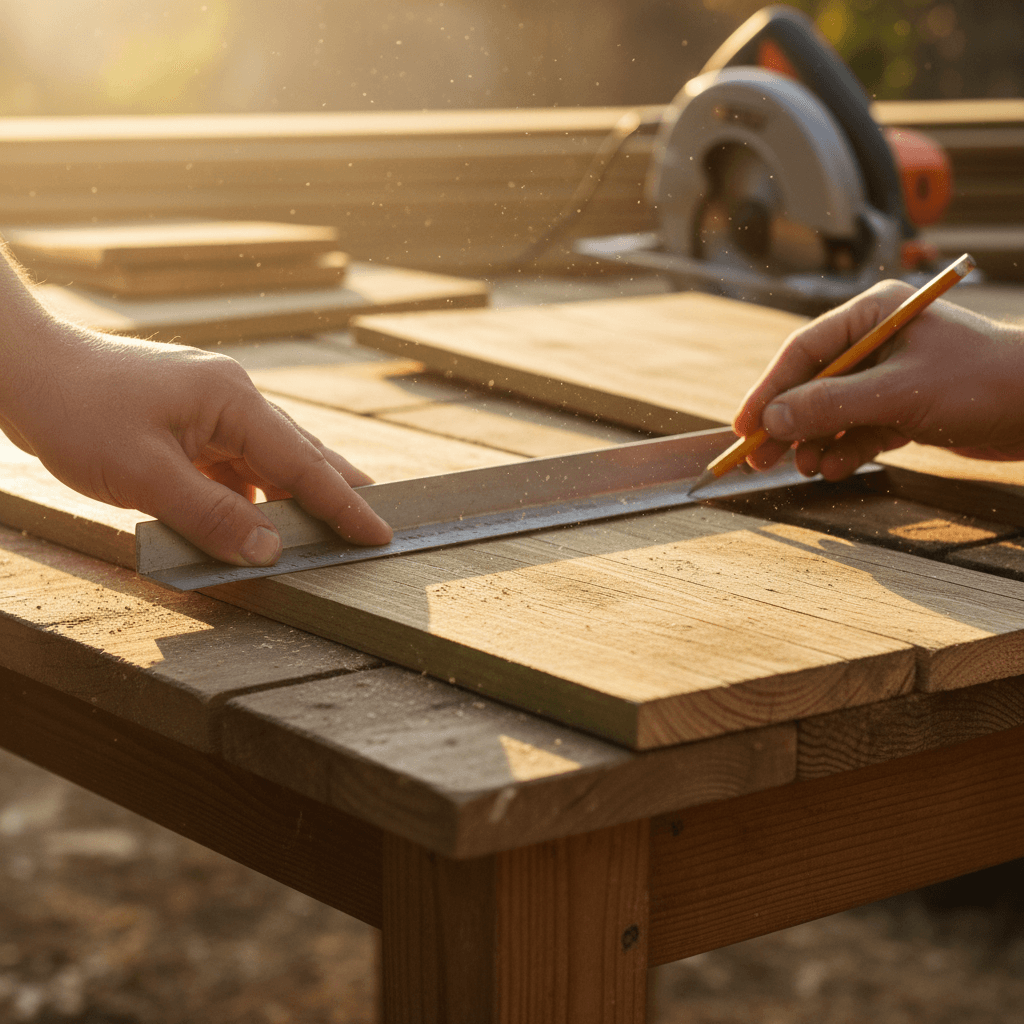 Adam Hodgson measuring wood for custom deck construction